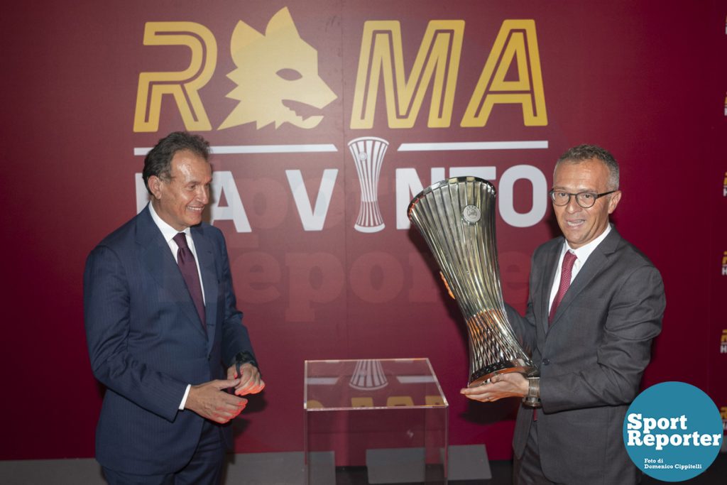 A.S. Roma and Sport e Sport S.p.A. Conference League trophy display