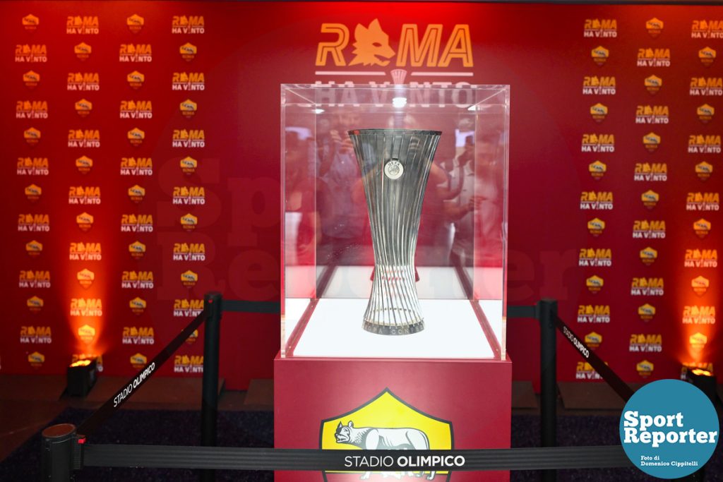 A.S. Roma and Sport e Sport S.p.A. Conference League trophy display